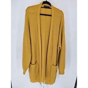 Merokeety Womens Sz XL Midi Length Cardigan Sweater Gold Mustard Open Knit